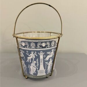 Vintage Jeanette glass 1950s blue and white ice bucket with gold handle